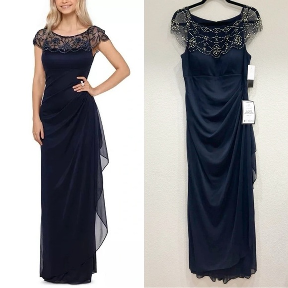 Size 8 - NWT‎ Xscape Navy Embellished-Neck Gown - Picture 1 of 6